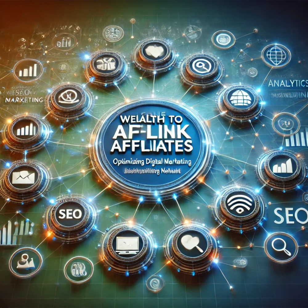 Inviting digital landscape with interconnected web links and icons for SEO, analytics, and social media, welcoming viewers to Website Affiliates.