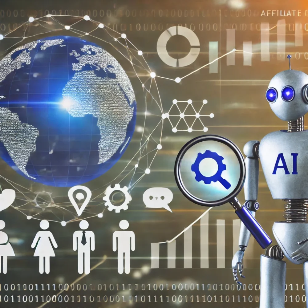 Futuristic representation of affiliate marketing trends in 2024 with a digital globe, AI robot with a magnifying glass, influencer figures with social media icons, and data graphs, all set against a digital-themed background.