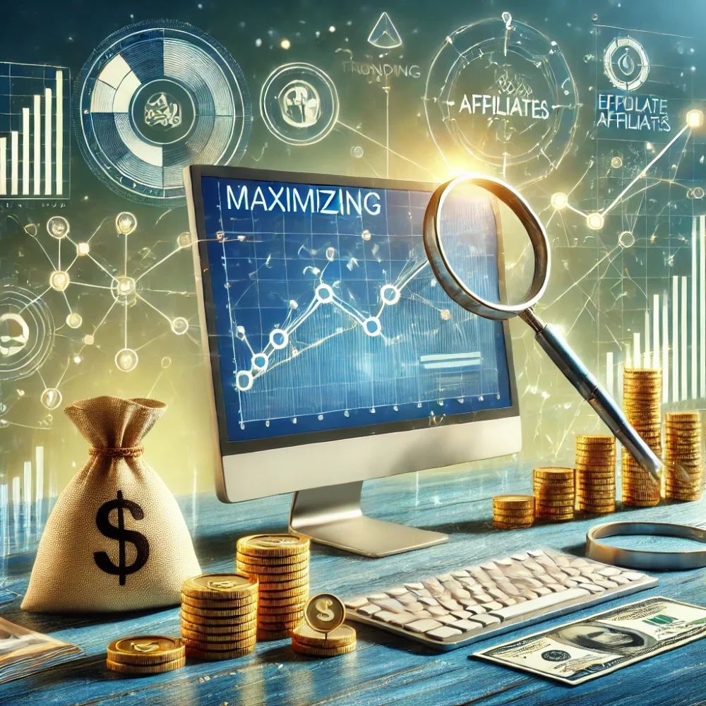 Digital workspace image showing graphs, earnings charts, and affiliate icons for maximizing earnings with Website Affiliates.