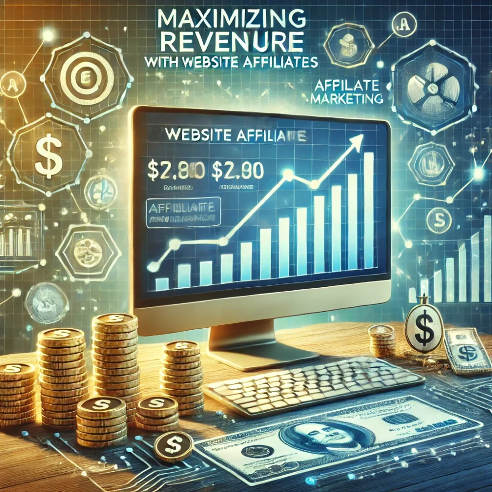 Digital workspace showing graphs of increasing revenue, affiliate marketing icons, and data analytics charts to maximize revenue with Website Affiliates.
